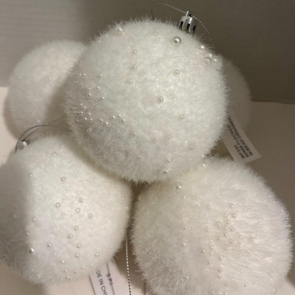 NWT SET OF FIVE (5) FLOCKED & BEADED WHITE ORNAMENTS